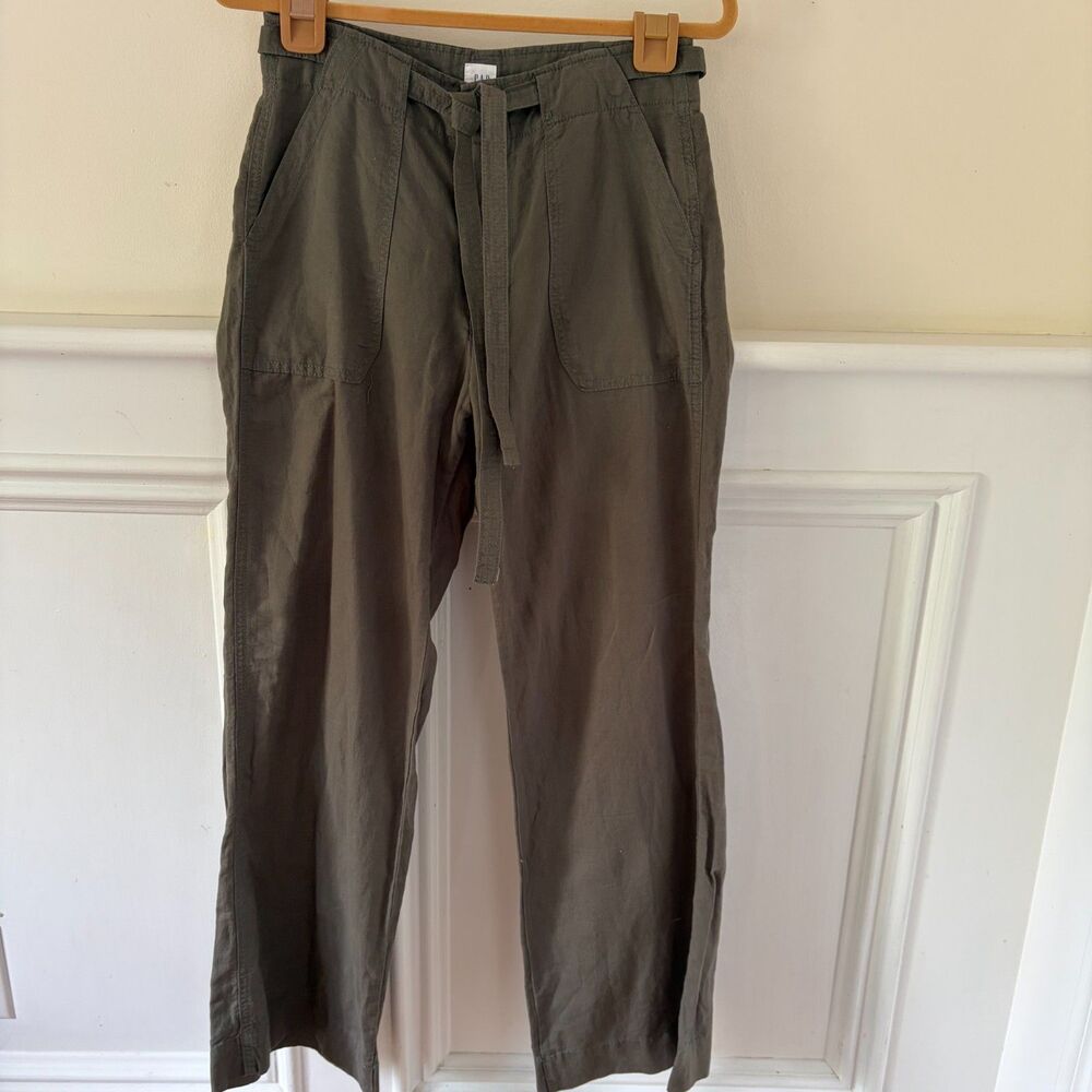 Gap Sz. 6 Linen Blend Wide Leg Green Utility Cargo Lightweight Pants Tie Belt